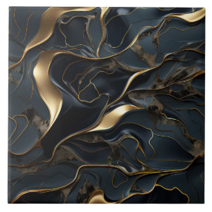 Azulejo De Cerâmica Elegante Abstrato de fluido negro e Dourado