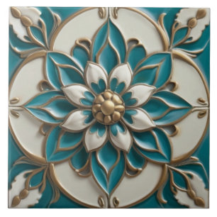 Azulejo De Cerâmica Elegante Alivio Faux Turquesa Floral Branco e Dour