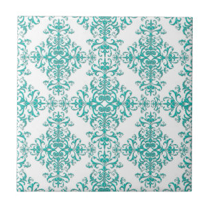 Azulejo De Cerâmica Elegante Aqua Turquesa sobre Padrão Damask Branco