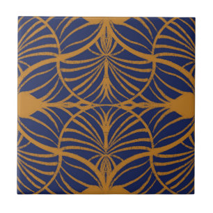 Azulejo De Cerâmica Elegante Art Deco Mostarda & Cobalto Blue Scallops