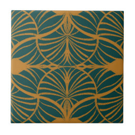 Azulejo De Cerâmica Elegante Art Deco Mustard & Teal Gouache Scallops