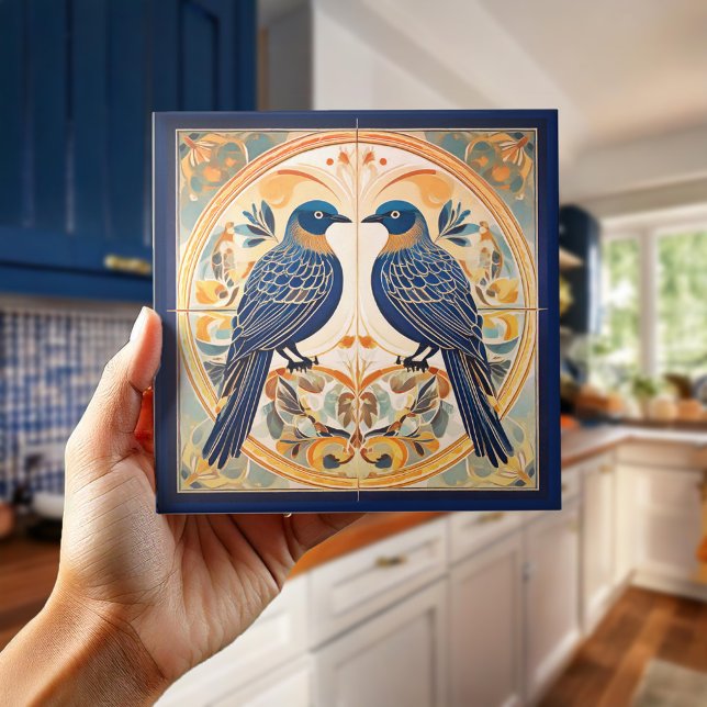Azulejo De Cerâmica Elegante Art Nouveau Birds Pat#22 Blue Peach ID107 (Criador carregado)