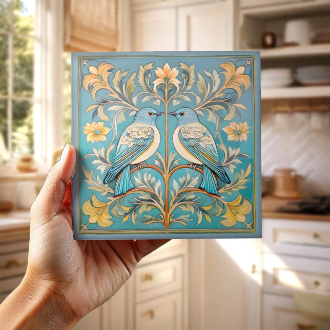 Azulejo De Cerâmica Elegante Art Nouveau Birds Pat#23 Teal Peach ID107 (Criador carregado)