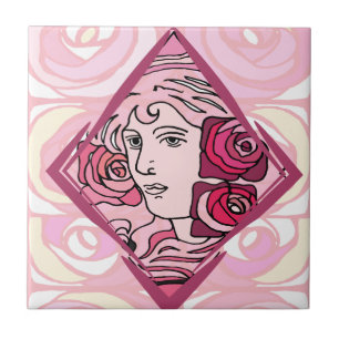 Azulejo De Cerâmica Elegante Art Nouveau Rosa Mulher