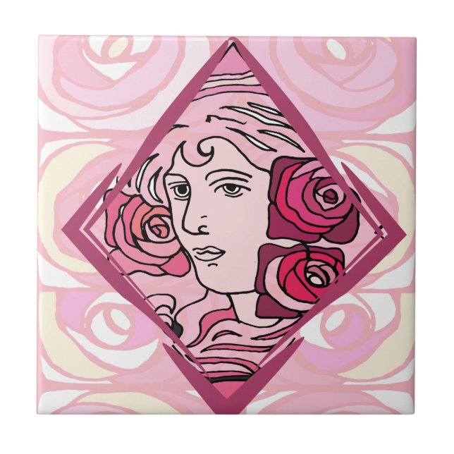 Azulejo De Cerâmica Elegante Art Nouveau Rosa Mulher (Frente)