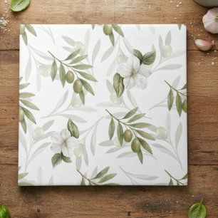 Azulejo De Cerâmica Elegante Azeite Sálvia Atemporal em Aquarela