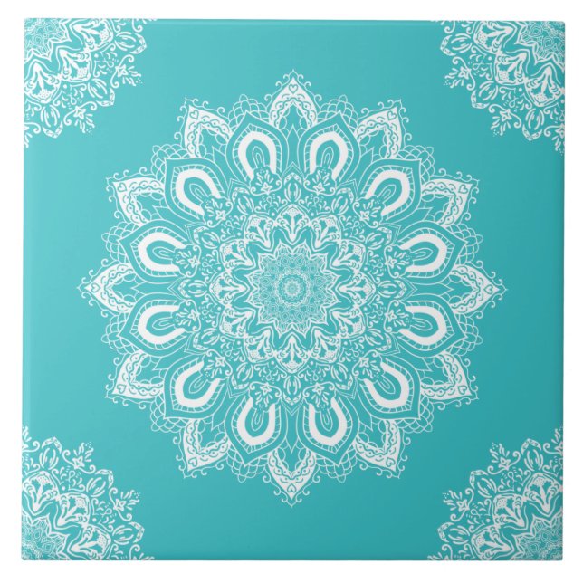 Azulejo De Cerâmica Elegante Azul Aqua Boho Chic Mandala (Frente)