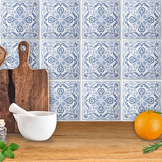 Azulejo De Cerâmica Elegante Azul e Branco (Criador carregado)