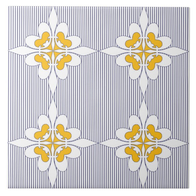 Azulejo De Cerâmica Elegante, azul marinho, listras, amarelo mostarda, (Frente)