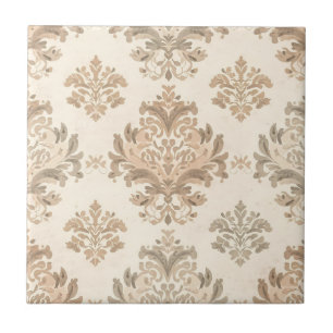 Azulejo De Cerâmica Elegante Bege Damask Vintage Casa de Campo Frances