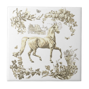 Azulejo De Cerâmica Elegante Bege Floral Vintage de Cavalo