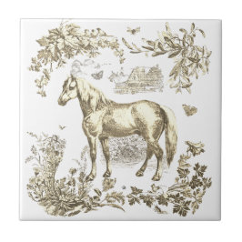 Azulejo De Cerâmica Elegante Bege Floral Vintage de Cavalo