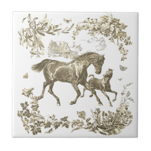 Azulejo De Cerâmica Elegante Bege Vintage Cavalos Floral