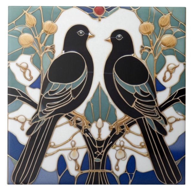 Azulejo De Cerâmica Elegante Black Birds Art Nouveau Bird Art Deco (Frente)