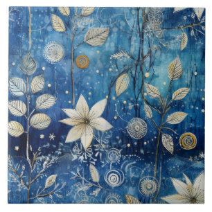 Azulejo De Cerâmica Elegante Botânica de Inverno Azul Índigo