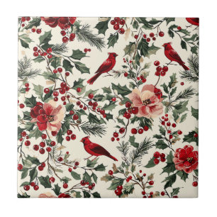 Azulejo De Cerâmica Elegante Cardinal Vermelho Inverno Botânico Creme