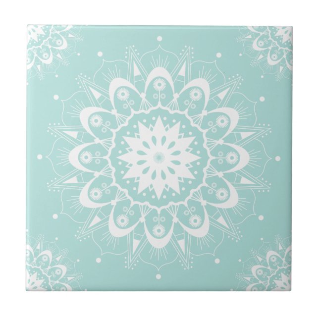 Azulejo De Cerâmica Elegante Chic White Teal Floral Geométrico Mandala (Frente)