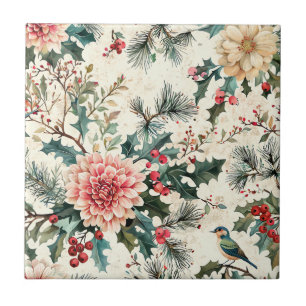 Azulejo De Cerâmica Elegante Dália Coral de Natal Holly Creme