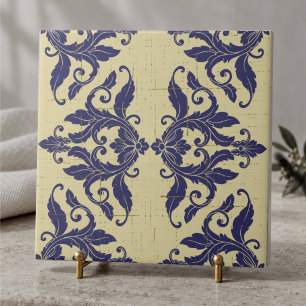 Azulejo De Cerâmica Elegante damasco vintage azul naval monograma amar