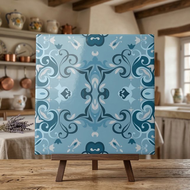 Azulejo De Cerâmica Elegante Damask Frosty Blue Winter Mosaic Patterno (Criador carregado)