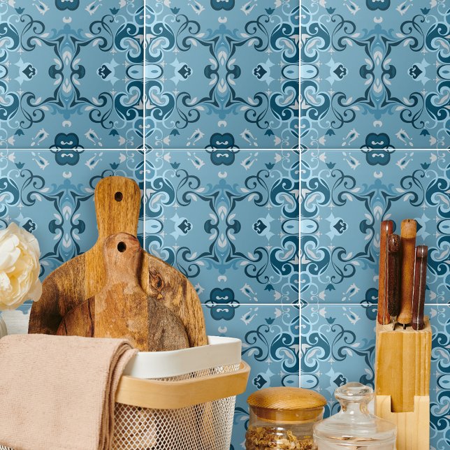 Azulejo De Cerâmica Elegante Damask Frosty Blue Winter Mosaic Patterno (Criador carregado)