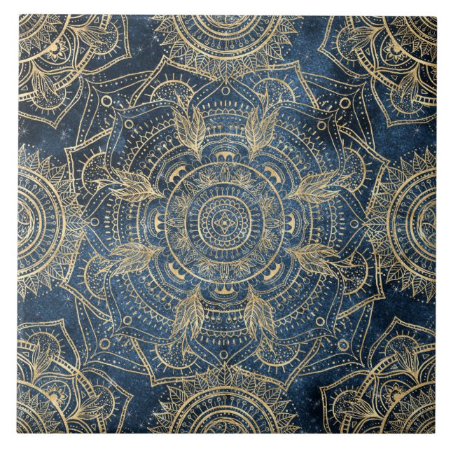 Azulejo De Cerâmica Elegante Dourado Mandala Blue Whimsy Design (Frente)