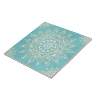Azulejo De Cerâmica Elegante Dourado Mandala Sky Blue Design