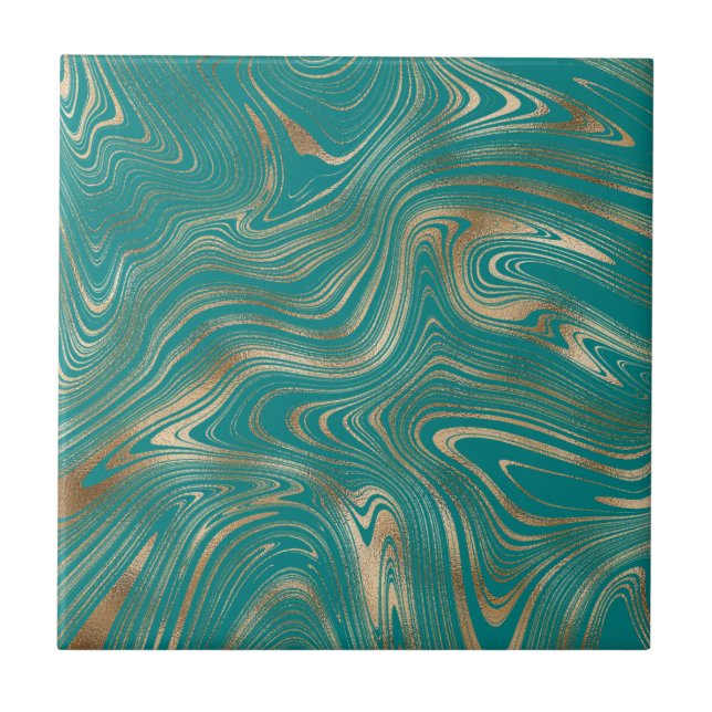 Azulejo De Cerâmica Elegante Dourado Marble Teal Escuro (Frente)