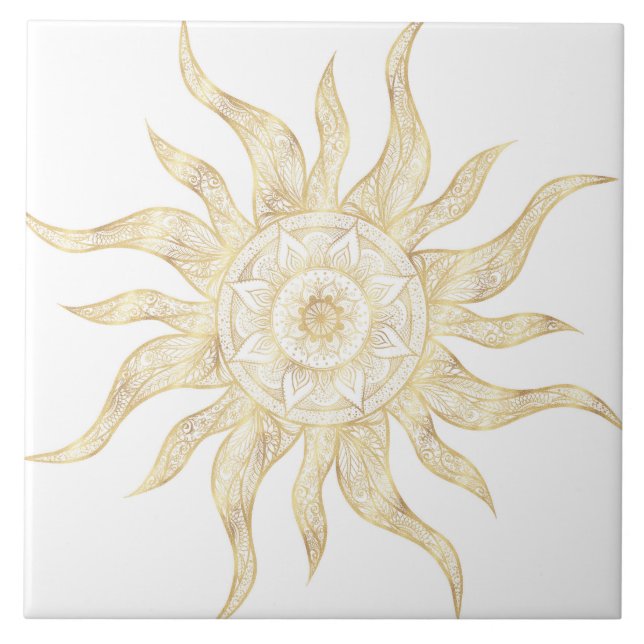 Azulejo De Cerâmica Elegante Dourado Sun Mandala Design (Frente)
