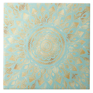 Azulejo De Cerâmica Elegante Dourado Teal Mandala Floral