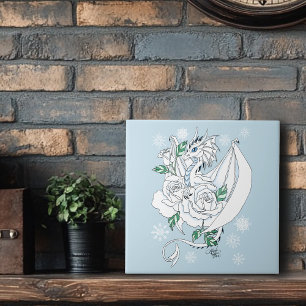 Azulejo De Cerâmica Elegante Dragão de Gelo Branco Rosas Azuis Fantasi