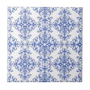 Azulejo De Cerâmica Elegante estilo damasco floral em azul cobalto e b