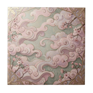 Azulejo De Cerâmica Elegante Flor de Cerejeira Arte Nouveau Espirais