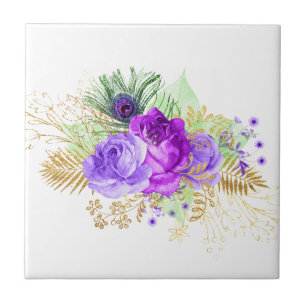 Azulejo De Cerâmica Elegante Flor de Rosa Roxa Folhas Douradas Floral