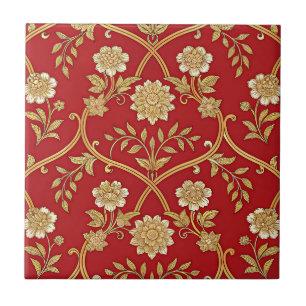 Azulejo De Cerâmica Elegante Flor de Treliça Dourada Vermelha (1)