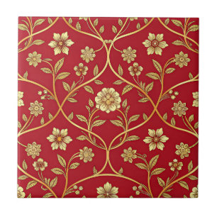 Azulejo De Cerâmica Elegante Flor de Treliça Dourada Vermelha (2)