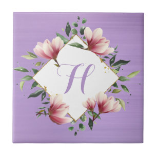 Azulejo De Cerâmica Elegante Flor Monograma Inicial Rosa Roxo