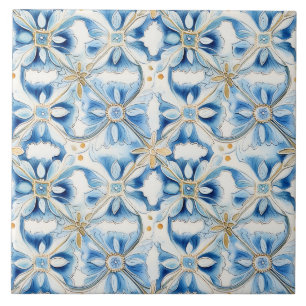 Azulejo De Cerâmica Elegante Floral Azul Mediterrâneo
