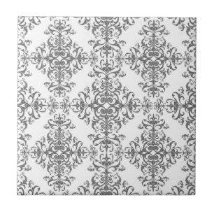 Azulejo De Cerâmica Elegante Floral Damask Vitoriano em Cinza e Branco
