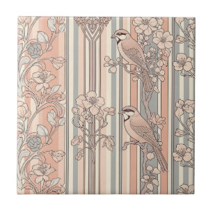 Azulejo De Cerâmica Elegante Floral de Ave com Listras de Pêssego (3)