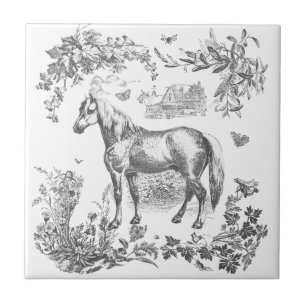 Azulejo De Cerâmica Elegante Floral de Cavalo Branco Preto Vintage