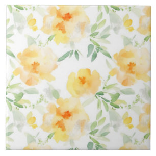 Azulejo De Cerâmica Elegante floral em aquarela amarelo pêssego laranj