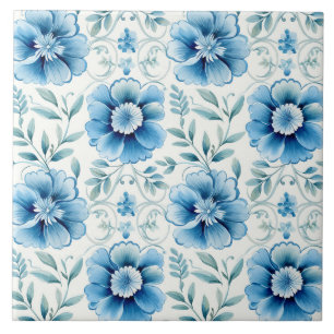 Azulejo De Cerâmica Elegante Floral Mediterrâneo Azul