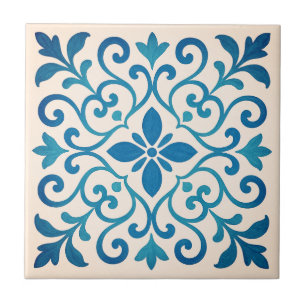 Azulejo De Cerâmica Elegante Floral Mediterrâneo Azul e Turquesa V2