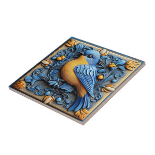 Azulejo De Cerâmica Elegante Fofo Tendência Vida Selvagem Floral Azul