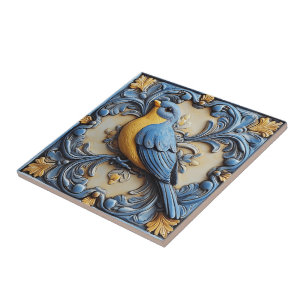 Azulejo De Cerâmica Elegante Fofo Tendência Vida Selvagem Floral Azul 