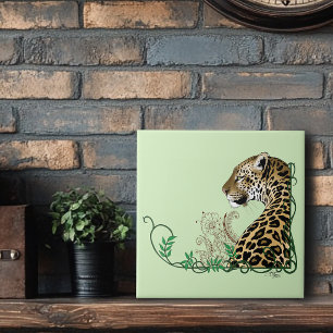 Azulejo De Cerâmica Elegante Hena Botânica Leopardo Verde