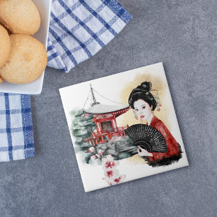 Azulejo De Cerâmica Elegante japonesa Pagoda Geisha Girl