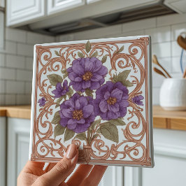 Azulejo De Cerâmica Elegante Lavanda Vintage Nouveau Floral