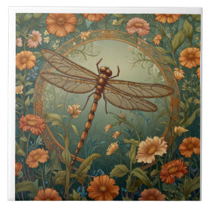 Azulejo De Cerâmica Elegante Libélula Verde da Primavera em Art Nouvea